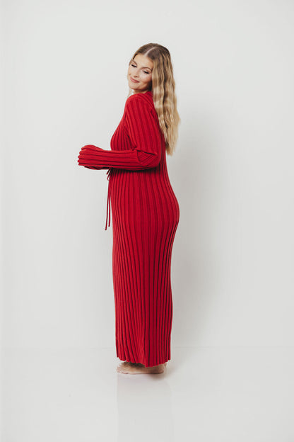 Colette Luxe Premium Long Sleeved Ribbed Knit Maxi Dress in Muted Red - Bump Friendly