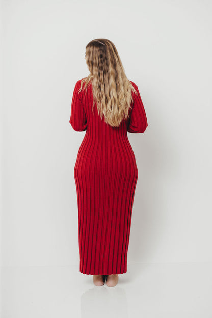 Colette Luxe Premium Long Sleeved Ribbed Knit Maxi Dress in Muted Red - Bump Friendly