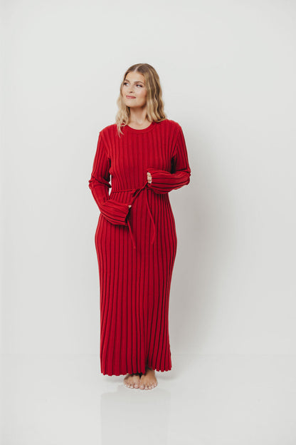 Colette Luxe Premium Long Sleeved Ribbed Knit Maxi Dress in Muted Red - Bump Friendly