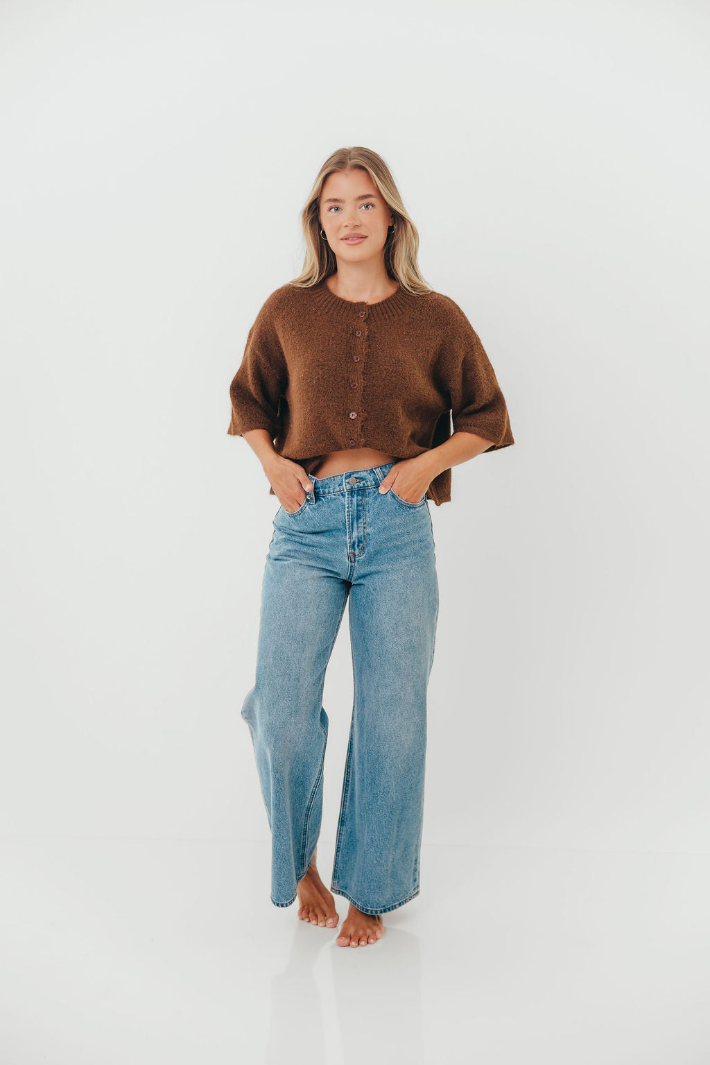 Chutney Button-Up Half Sleeve Knit Cardigan Top in Brown