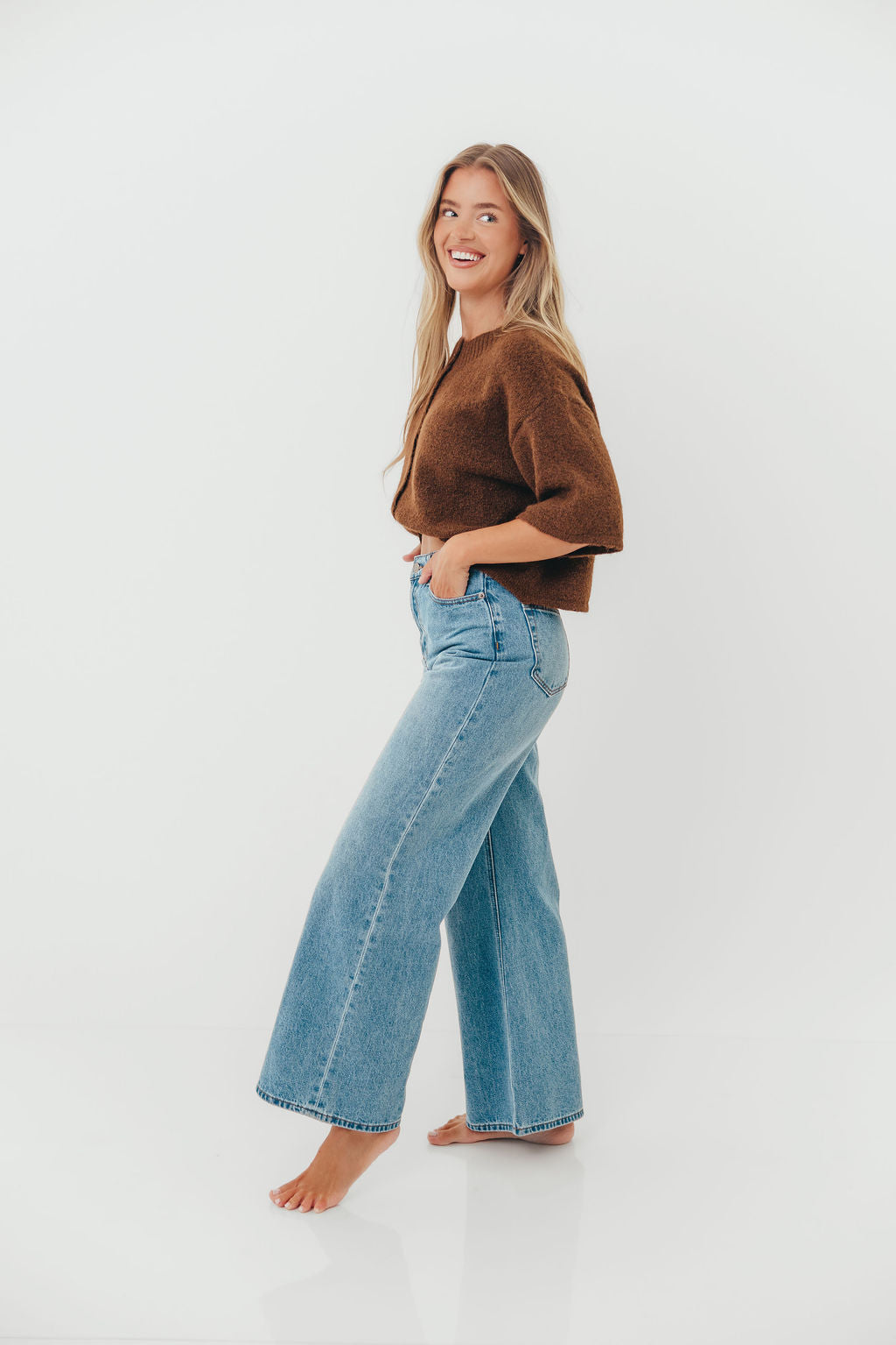 Chutney Button-Up Half Sleeve Knit Cardigan Top in Brown