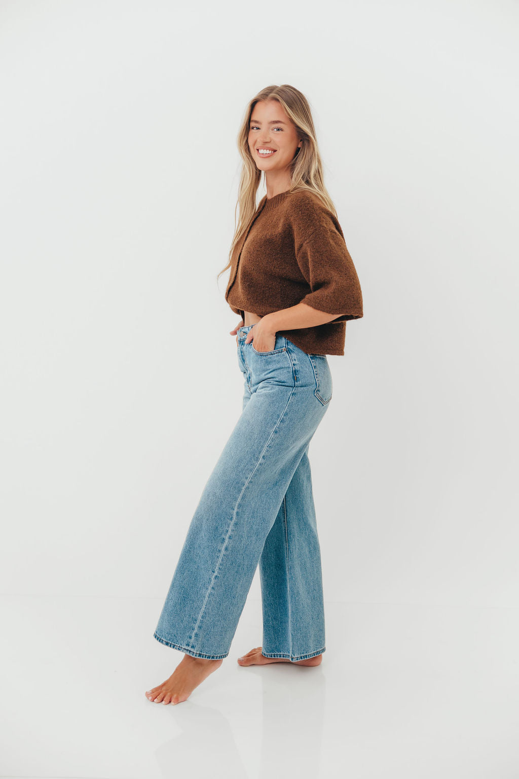 Chutney Button-Up Half Sleeve Knit Cardigan Top in Brown