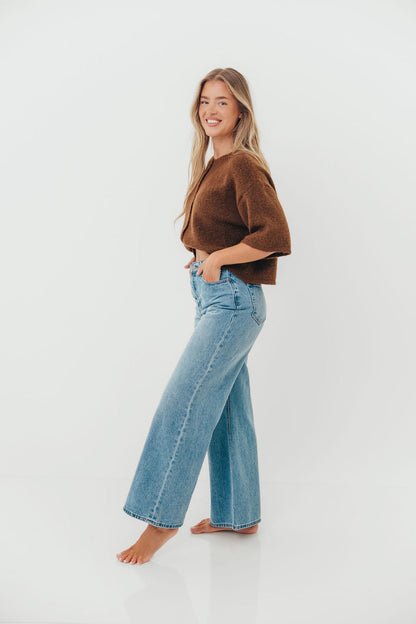 Chutney Button-Up Half Sleeve Knit Cardigan Top in Brown