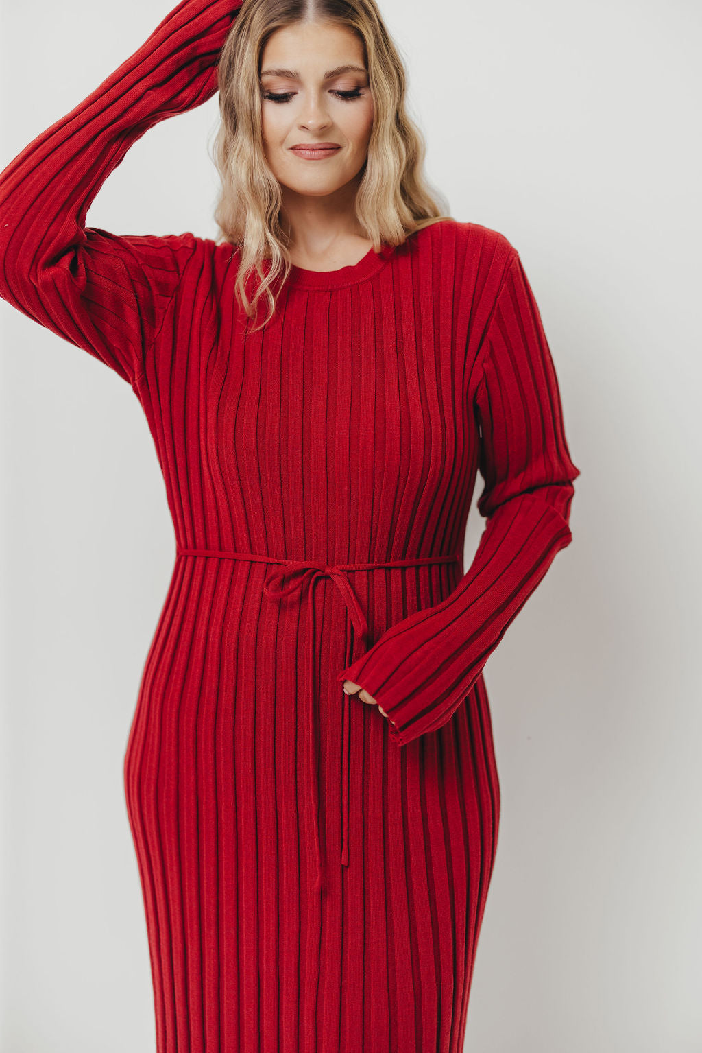 Colette Luxe Premium Long Sleeved Ribbed Knit Maxi Dress in Muted Red - Bump Friendly