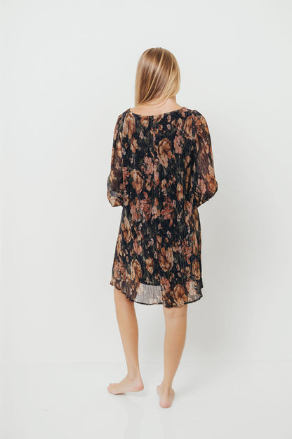 Lorraine Pleated Lurex Floral Print Mini Dress in Black