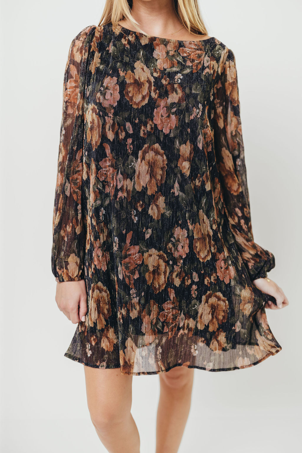 Lorraine Pleated Lurex Floral Print Mini Dress in Black