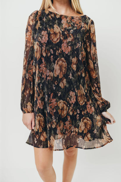Lorraine Pleated Lurex Floral Print Mini Dress in Black