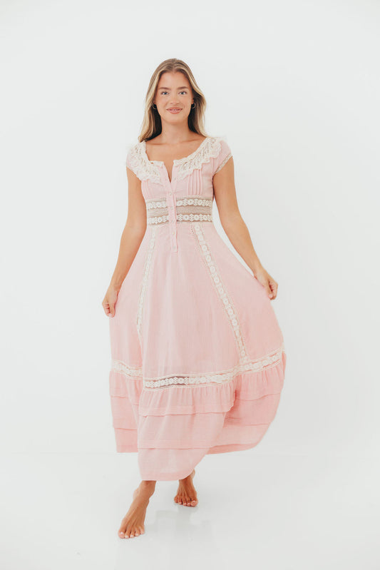 Debby Vintage Inspired Lace Trim Maxi Dress in Pink