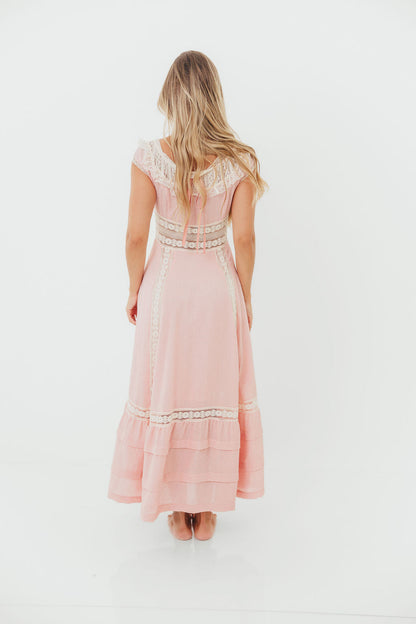 Debby Vintage Inspired Lace Trim Maxi Dress in Pink