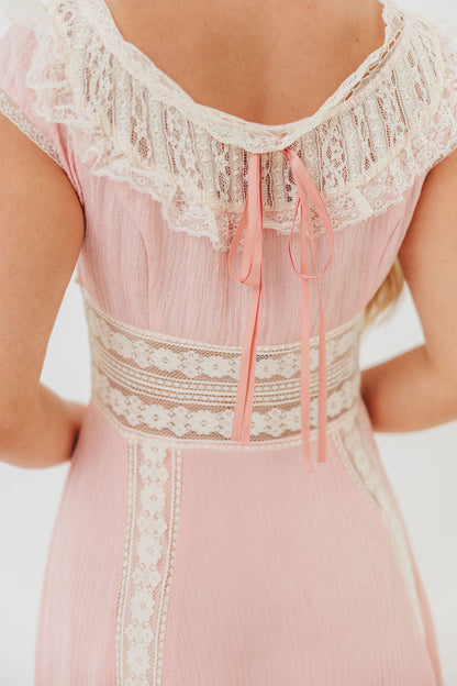 Debby Vintage Inspired Lace Trim Maxi Dress in Pink