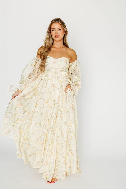 Delilah Maxi Dress With Train in Cream Floral - Bump Friendly
