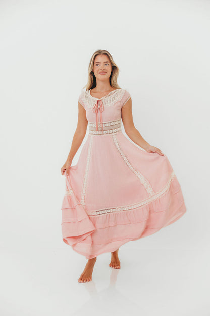 Debby Vintage Inspired Lace Trim Maxi Dress in Pink