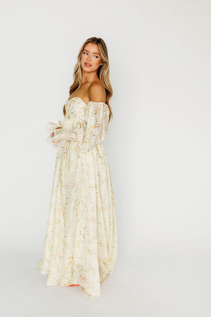 Delilah Maxi Dress With Train in Cream Floral - Bump Friendly