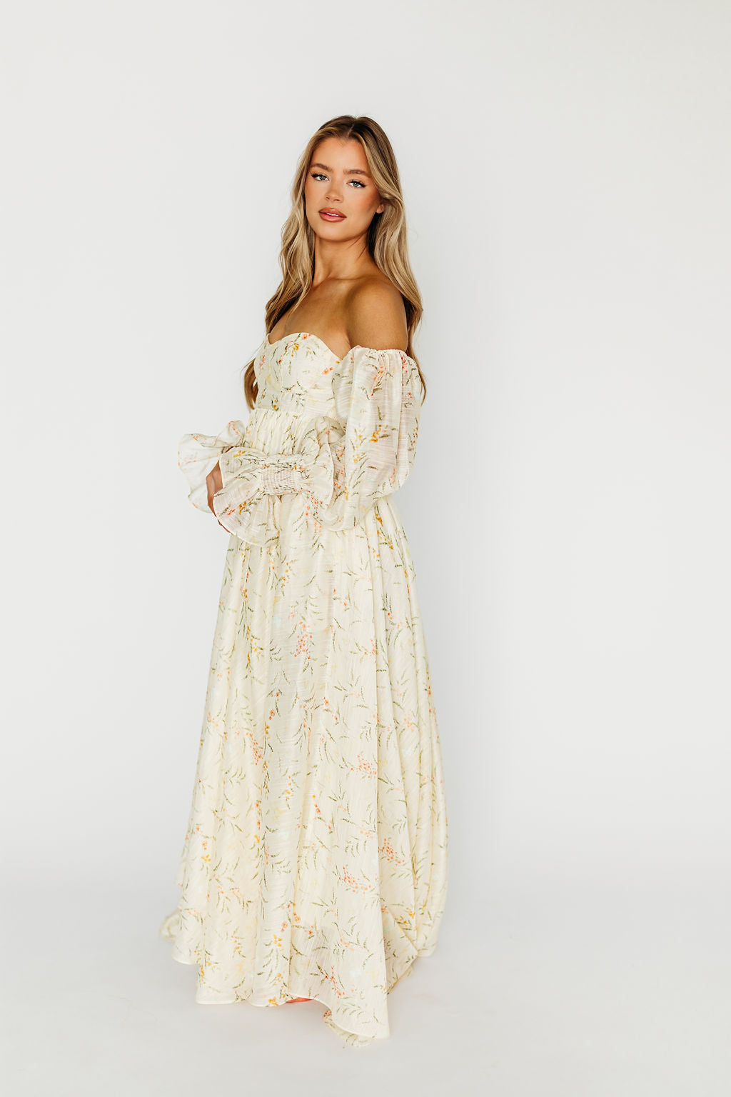 Delilah Maxi Dress With Train in Cream Floral - Bump Friendly