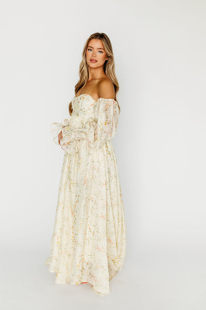 Delilah Maxi Dress With Train in Cream Floral - Bump Friendly