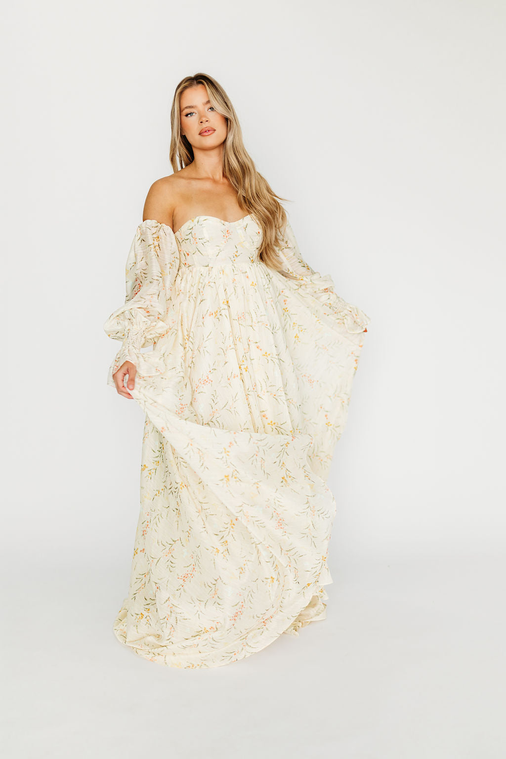 Delilah Maxi Dress With Train in Cream Floral - Bump Friendly