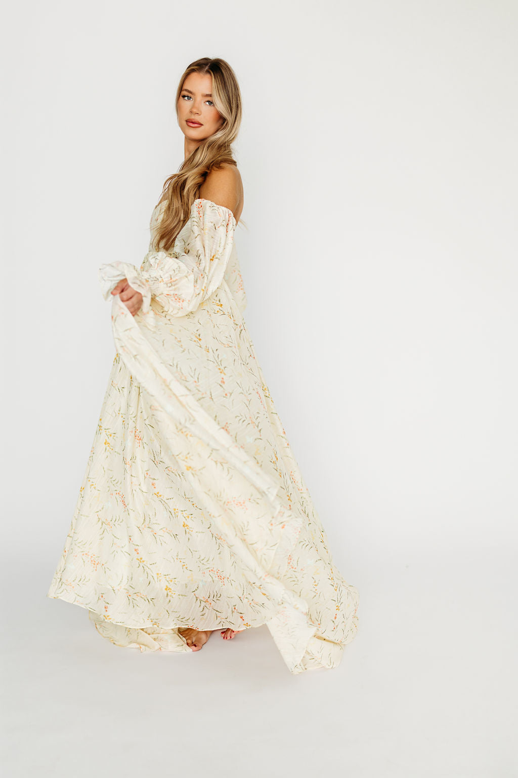 Delilah Maxi Dress With Train in Cream Floral - Bump Friendly