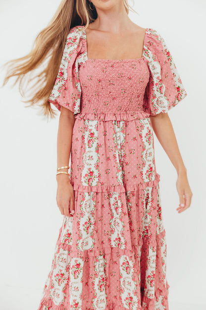 CariDee Floral Print Ruffle Detail Maxi Dress in Mauve