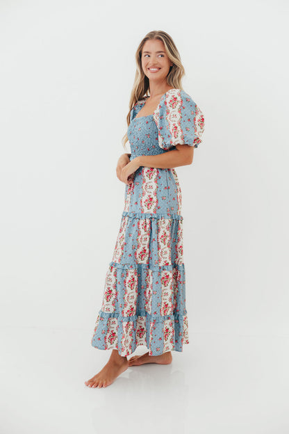 CariDee Floral Print Ruffle Detail Maxi Dress in Blue