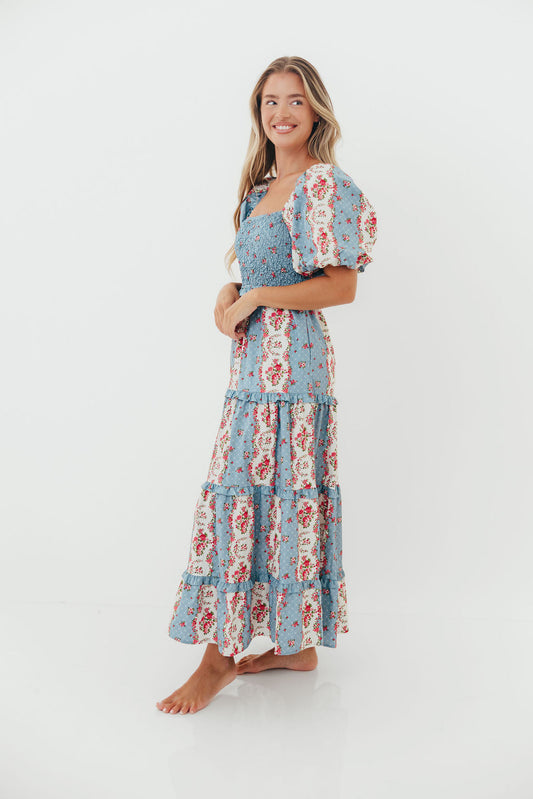 CariDee Floral Print Ruffle Detail Maxi Dress in Blue