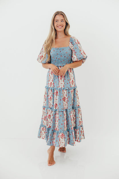 CariDee Floral Print Ruffle Detail Maxi Dress in Blue