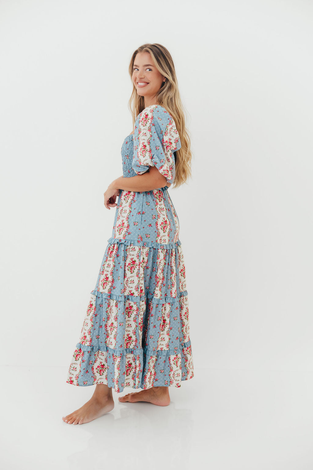 CariDee Floral Print Ruffle Detail Maxi Dress in Blue