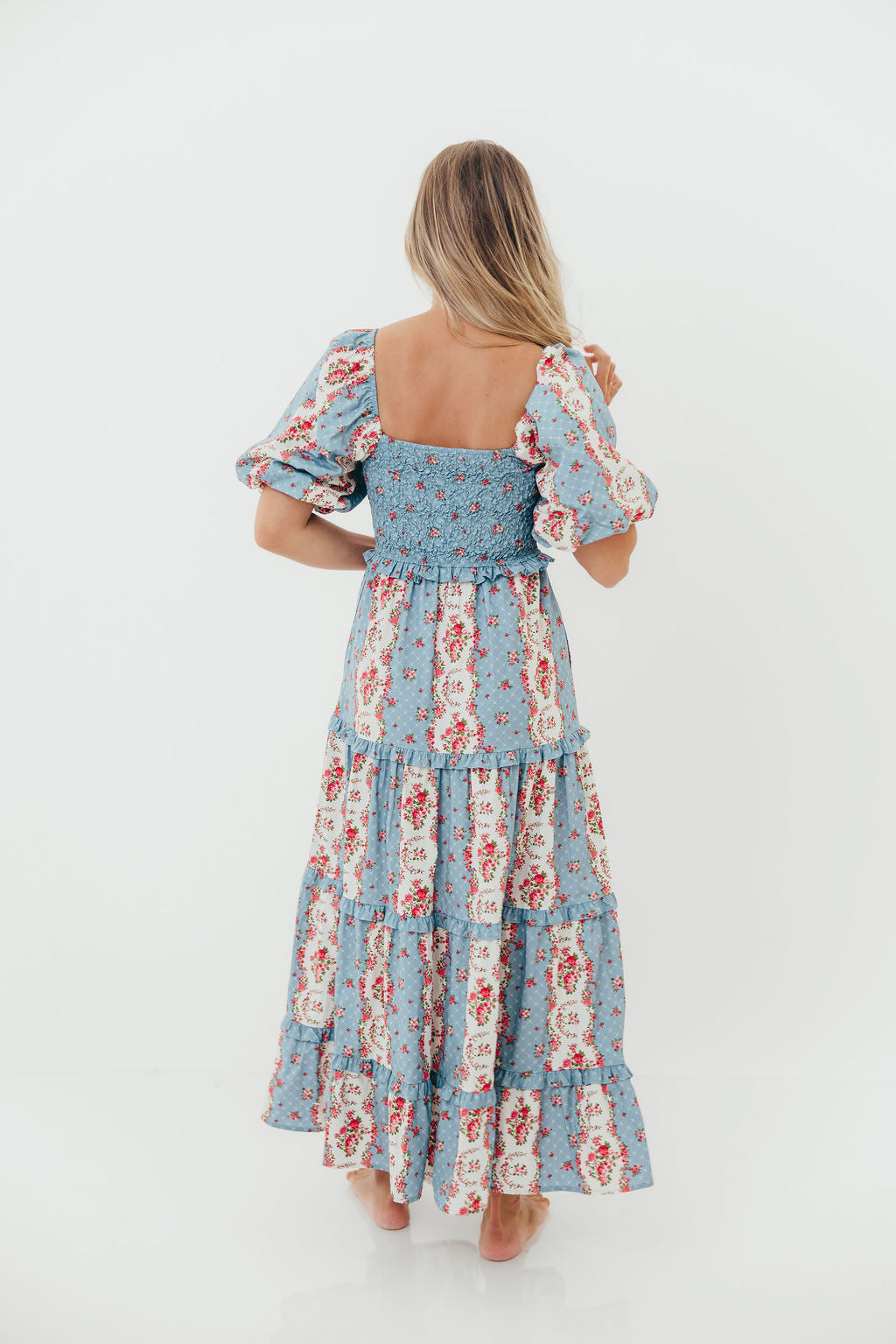 CariDee Floral Print Ruffle Detail Maxi Dress in Blue