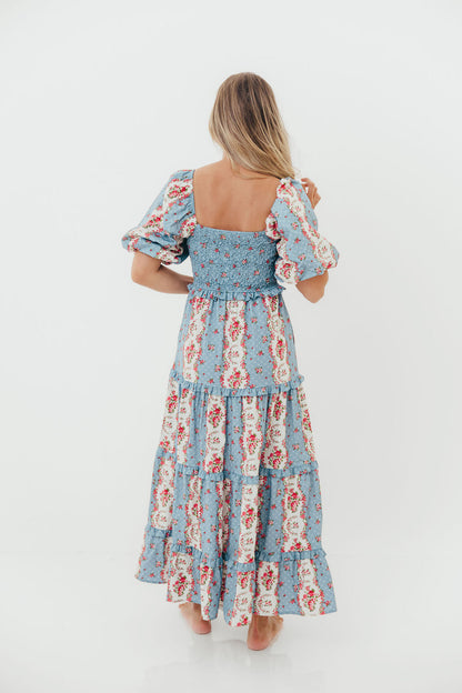 CariDee Floral Print Ruffle Detail Maxi Dress in Blue