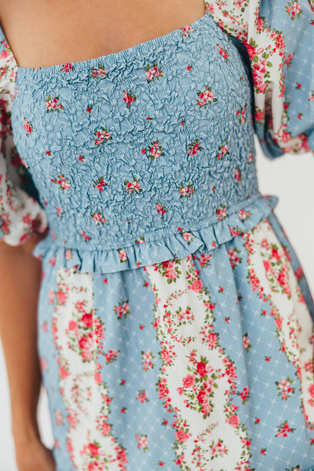 CariDee Floral Print Ruffle Detail Maxi Dress in Blue