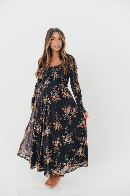 Honor Floral Smocked Woven Maxi Dress in Black - Bump Friendly