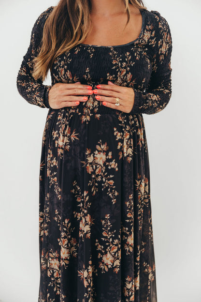 Honor Floral Smocked Woven Maxi Dress in Black - Bump Friendly