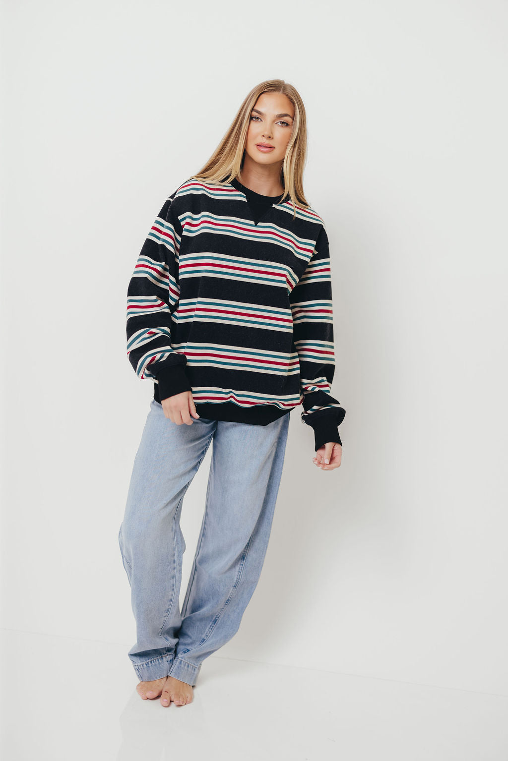 Blake Retro Striped Crewneck Sweatshirt in Dust Navy