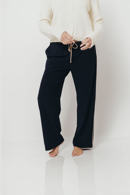 Amanza Vintage Contrast Piping Drawstring Pants in Navy Tan