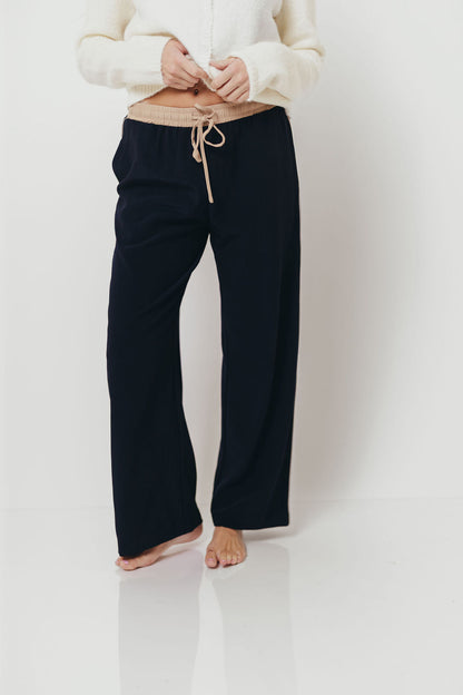 Amanza Vintage Contrast Piping Drawstring Pants in Navy Tan