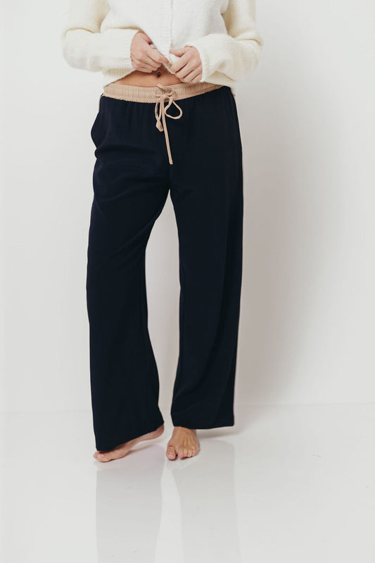 Amanza Vintage Contrast Piping Drawstring Pants in Navy Tan