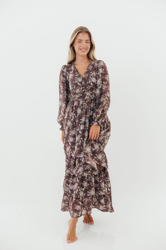 Shenae Ruffled Tiered Floral Maxi Dress in Mocha Mousse
