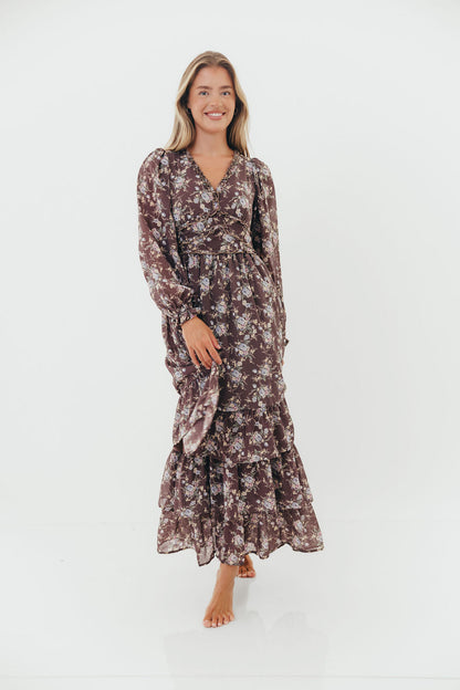 Shenae Ruffled Tiered Floral Maxi Dress in Mocha Mousse