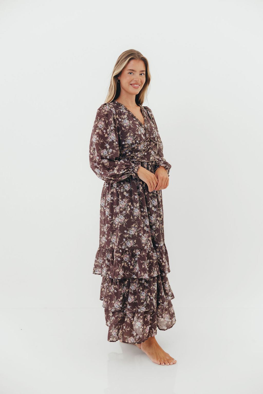 Shenae Ruffled Tiered Floral Maxi Dress in Mocha Mousse