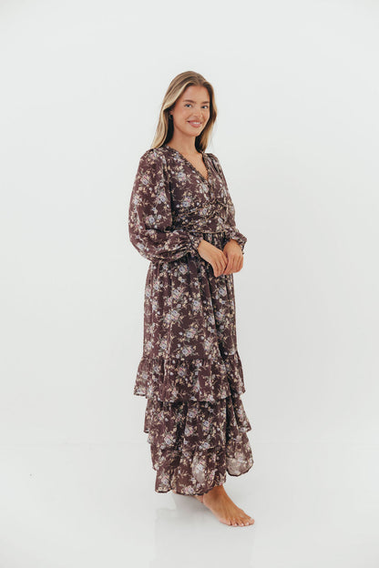 Shenae Ruffled Tiered Floral Maxi Dress in Mocha Mousse
