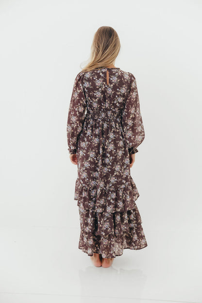 Shenae Ruffled Tiered Floral Maxi Dress in Mocha Mousse