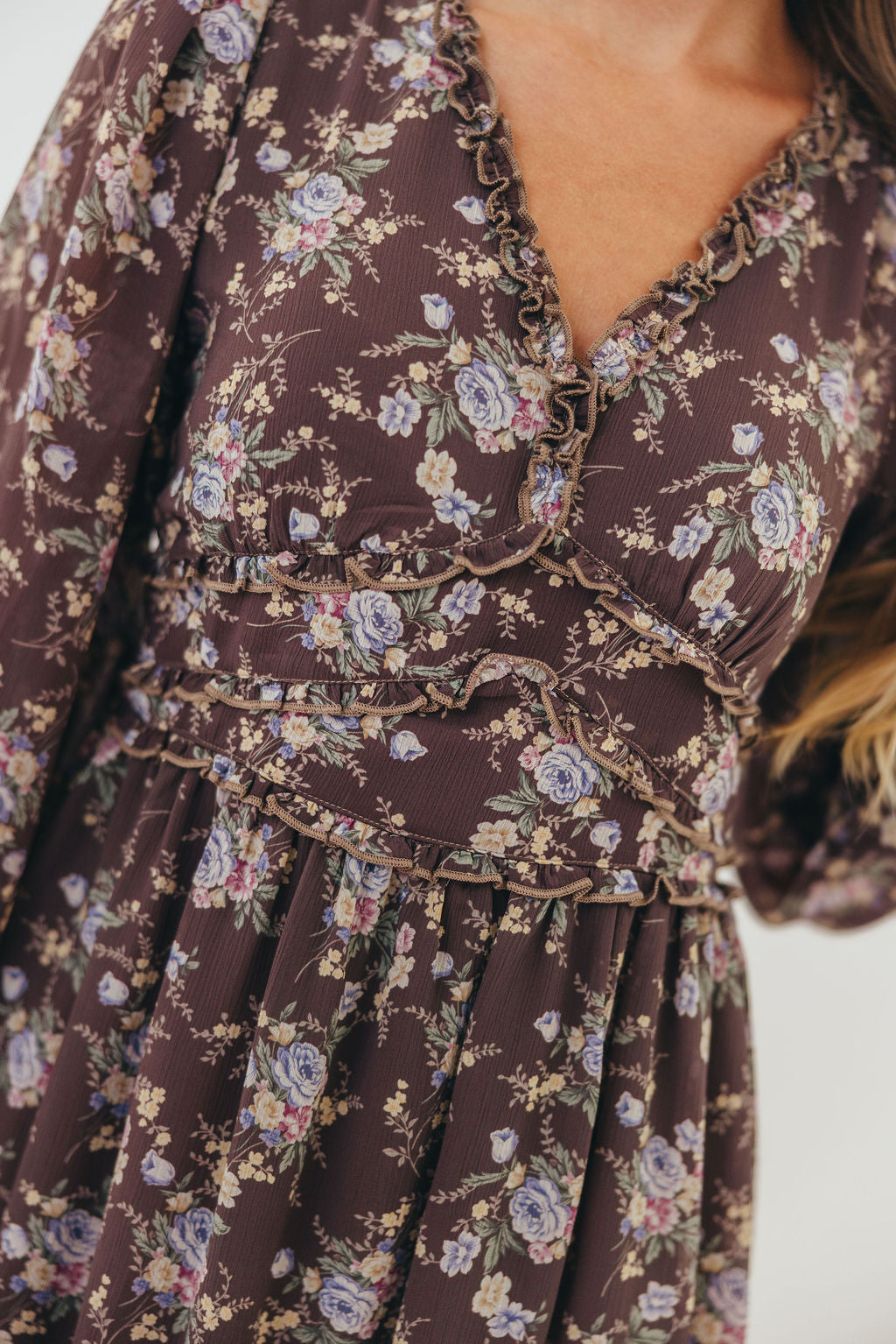 Shenae Ruffled Tiered Floral Maxi Dress in Mocha Mousse