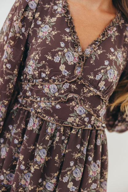 Shenae Ruffled Tiered Floral Maxi Dress in Mocha Mousse