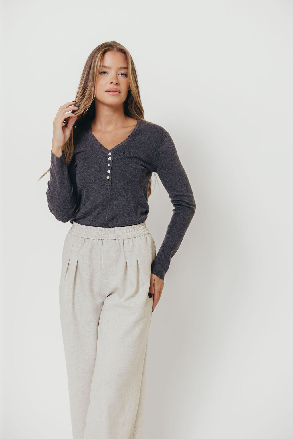 Whittier V-Neck Button Closure Knit Top in Grey
