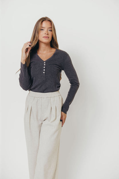 Whittier V-Neck Button Closure Knit Top in Grey