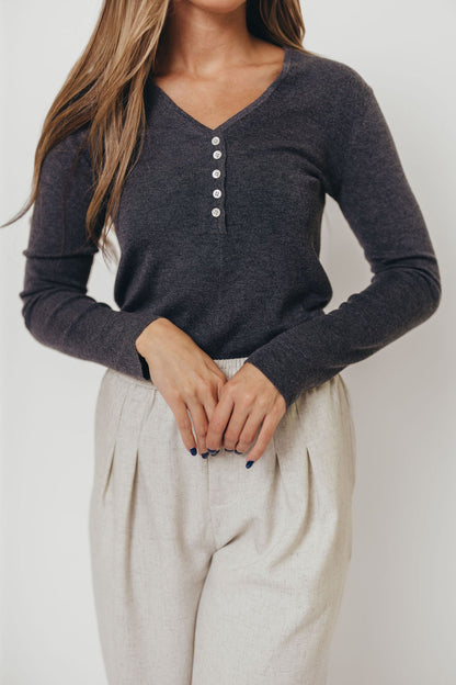 Whittier V-Neck Button Closure Knit Top in Grey