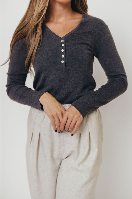 Whittier V-Neck Button Closure Knit Top in Grey