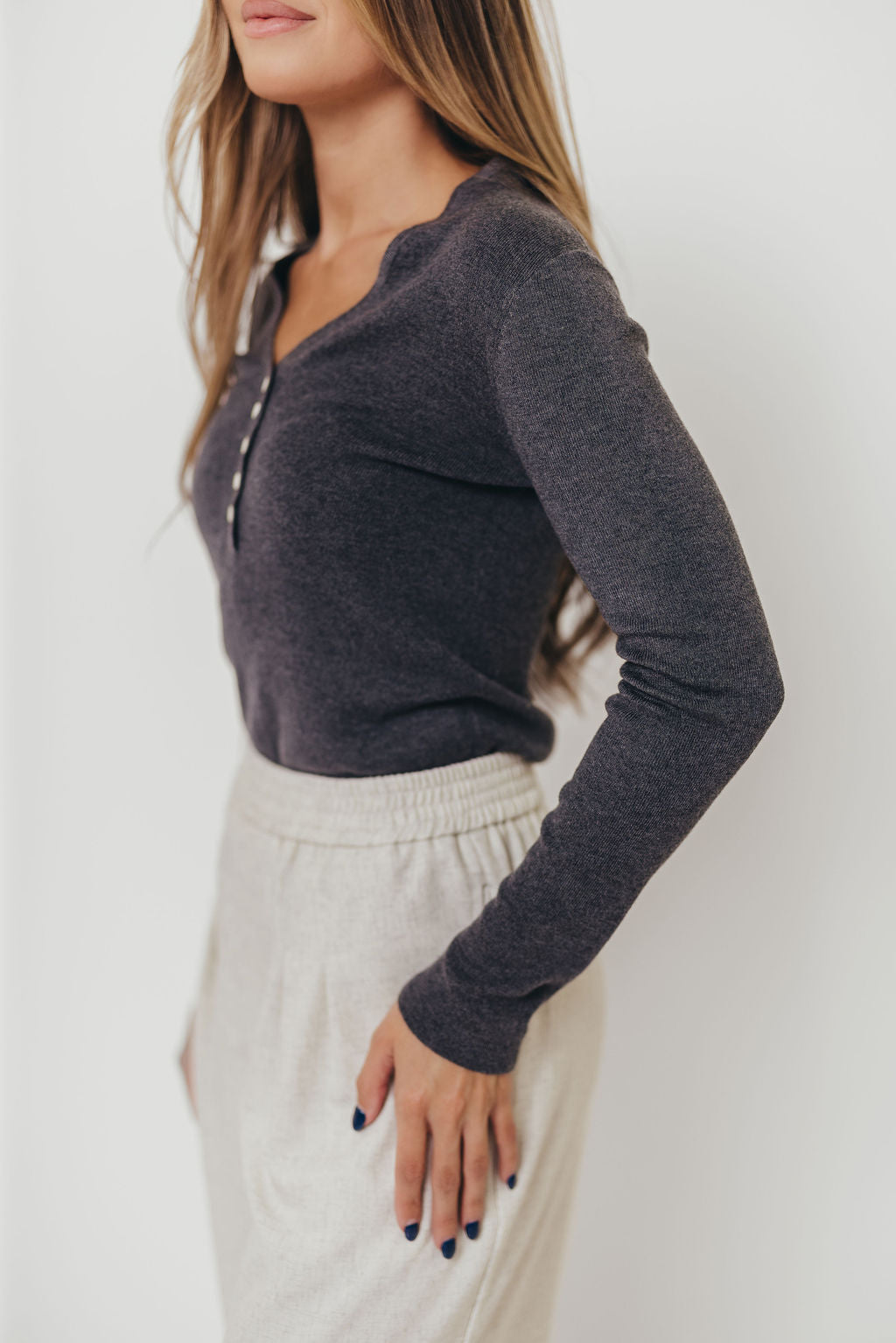 Whittier V-Neck Button Closure Knit Top in Grey