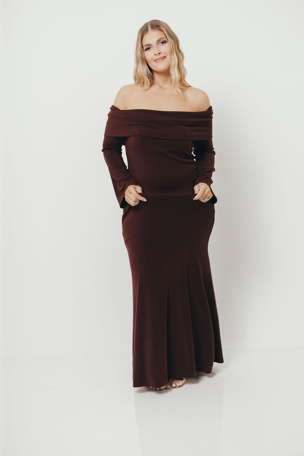 Monroe Maxi Dress with Long Sleeves in Chocolate Brown- Bump Friendly