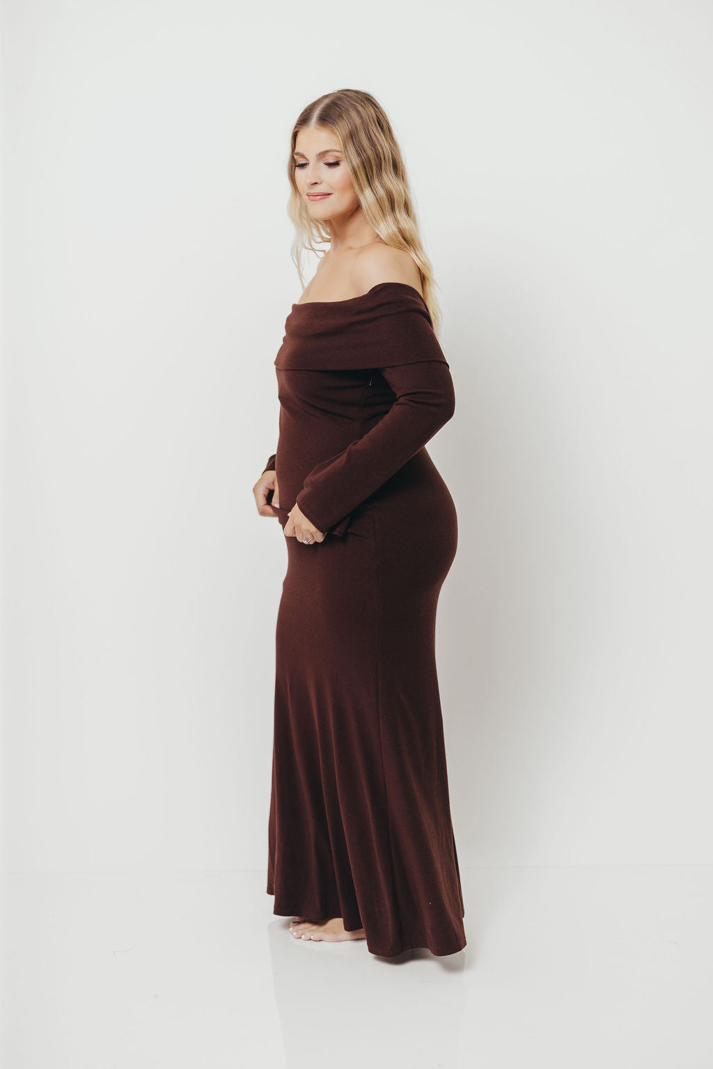 Monroe Maxi Dress with Long Sleeves in Chocolate Brown- Bump Friendly