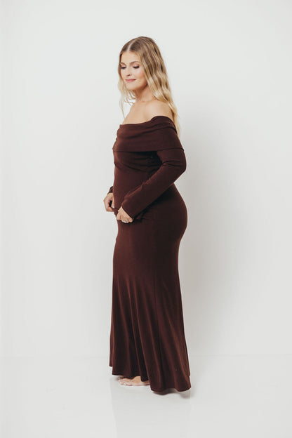 Monroe Maxi Dress with Long Sleeves in Chocolate Brown- Bump Friendly